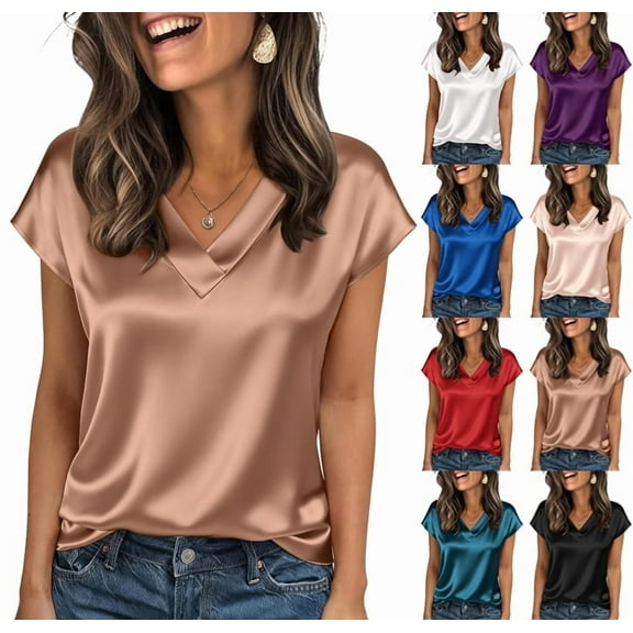 Womens Silk Dressy Casual Business Blouse Ruffle Sleeve Tops Summer V Neck Pleated Work Shirts Champagne XXL