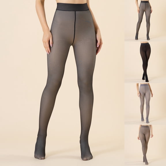 HKYNLAG Fleece Lined Tights for Women Thick Warm Pantyhose Fake Translucent Thick Thermal Sheer Footed Leggings Black M