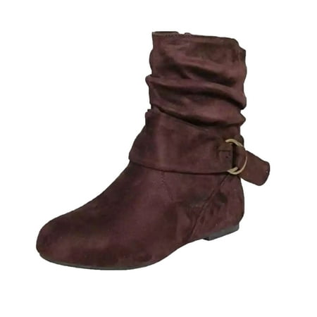 

VEKDONE 2023 Clearance Christmas Deals!2022 Women s Winter Flat Leather Belt Buckle Suede Zipper Round Toe Ankle Boots