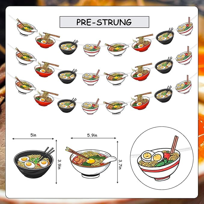 Ramen Party Decoration Banner Garland, 3 Pcs Japanese Noodles Birthday Party Decorations Ramen Banner Garland for Japanese Ramen Theme Birthday Party Baby Shower Supplies