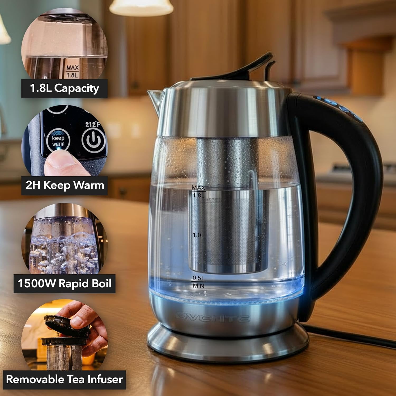 OVENTE Electric Glass Kettle Hot Water Boiler 1.8 Liter BPA Free 1500W, Set Temperature Control, Auto Shut Off, Portable Tea Kettle & Instant Water Heater + Stainless Steel Infuser - KG6610S