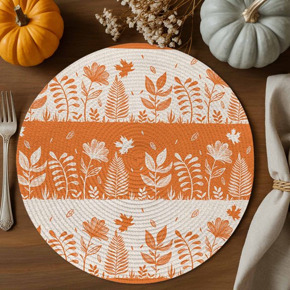 Fall Plants Round Braided Placemats Set of 4, Flowers Leaves Grass Natural Style Orange Linen Heat Insulation Place Mats Washable Non-Slip Table Mats for Kitchen Dining Party, 13 Inches