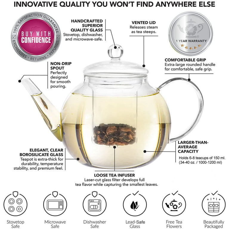 Teabloom Dublin Glass Teapot – Fine Borosilicate Glass – Stovetop and Microwave Safe – Removable Stainless Infuser – Ideal for Loose Leaf Tea –