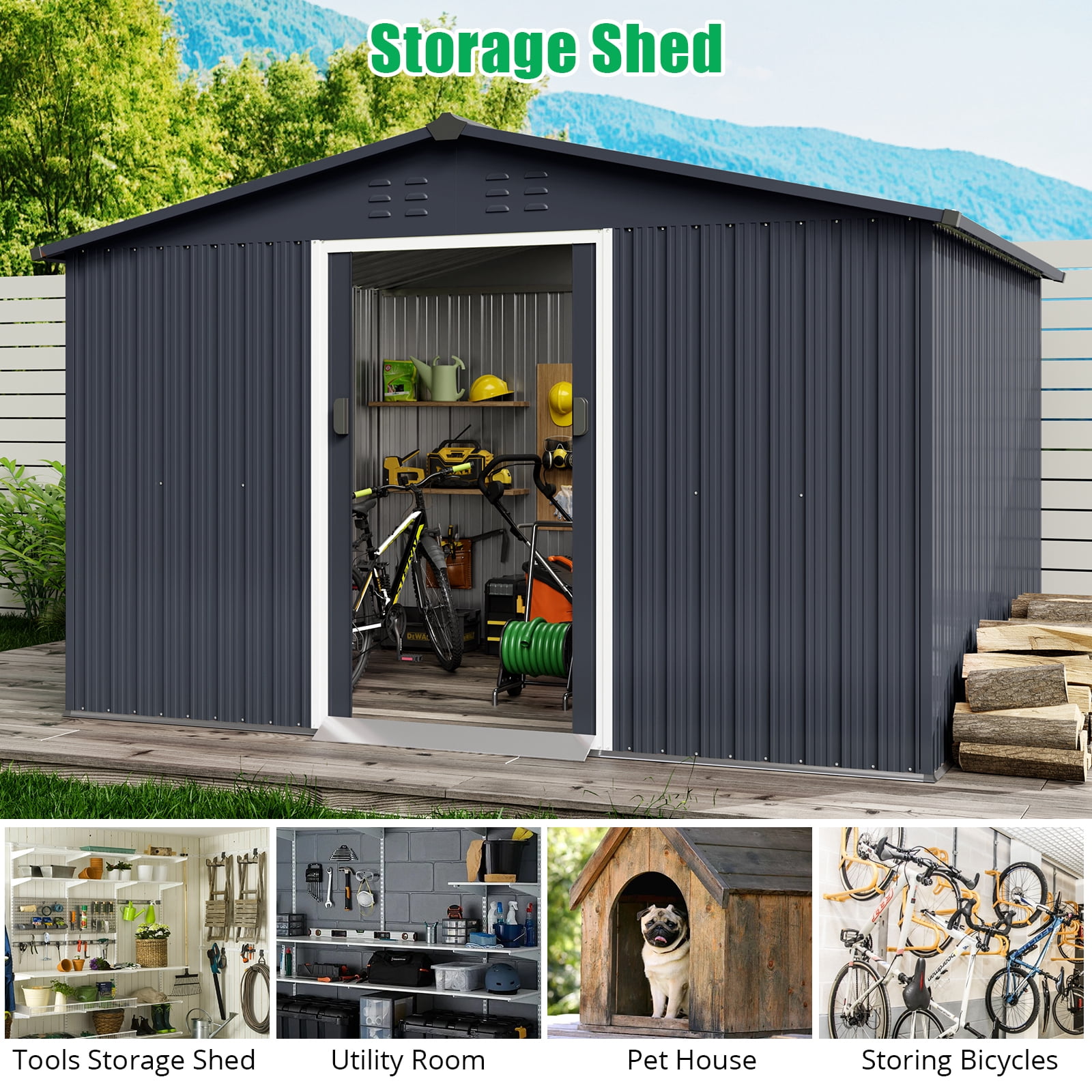 Garvee Outdoor Storage Shed, 10x10ft Large Metal Garden Shed with Lockable Door Design for Garden, Patio, Backyard, Outside