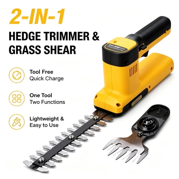 Golyzmt 21V Cordless 2-in-1 Hedge Trimmer & Grass Shear, Quick-Change SK5 Steel Blades, 1500 RPM Lightweight Handheld Shrub Trimmer for Lawn, Bush & Garden Care
