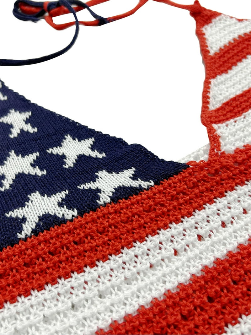 Aunavey American USA Flag Crop Tank Tops for Women Knit Crochet