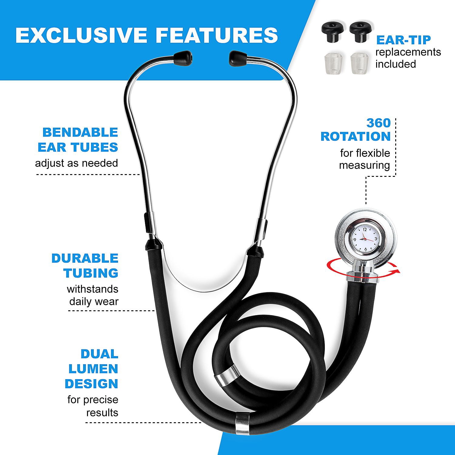 Primacare DS-9298 Black Medical Clock Stethoscope with Analog Watch