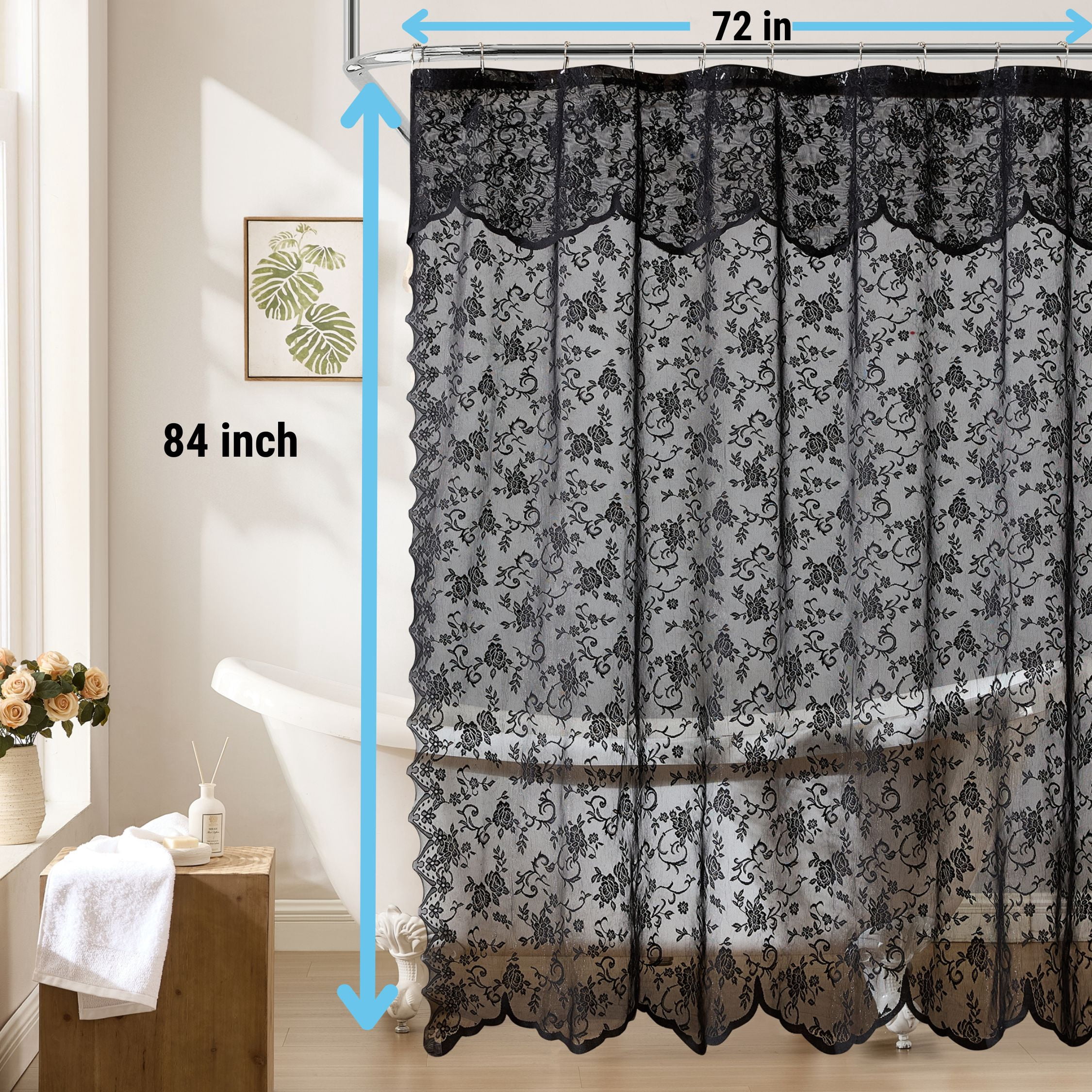 THD Harpy Lace Bathroom Shower Curtain with Floral Vine Design and Attached Valance – Elegant Victorian Classic Style (Black, 72 x 84 Inch)