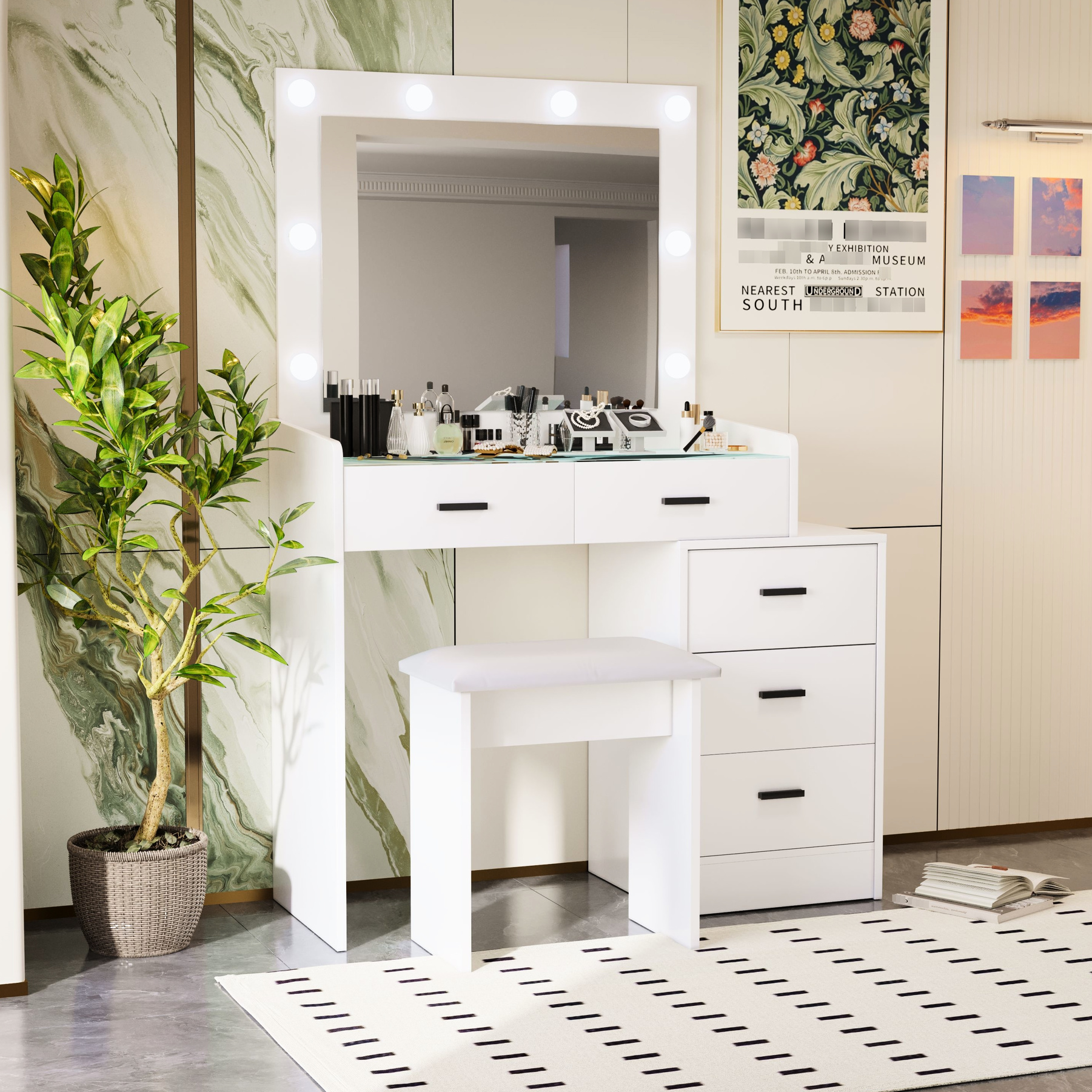 White Vanity With Multiple Compartment Drawers And Integrated Led Lighted Tabletop Modern Dressing Table 5 Split Storage Design