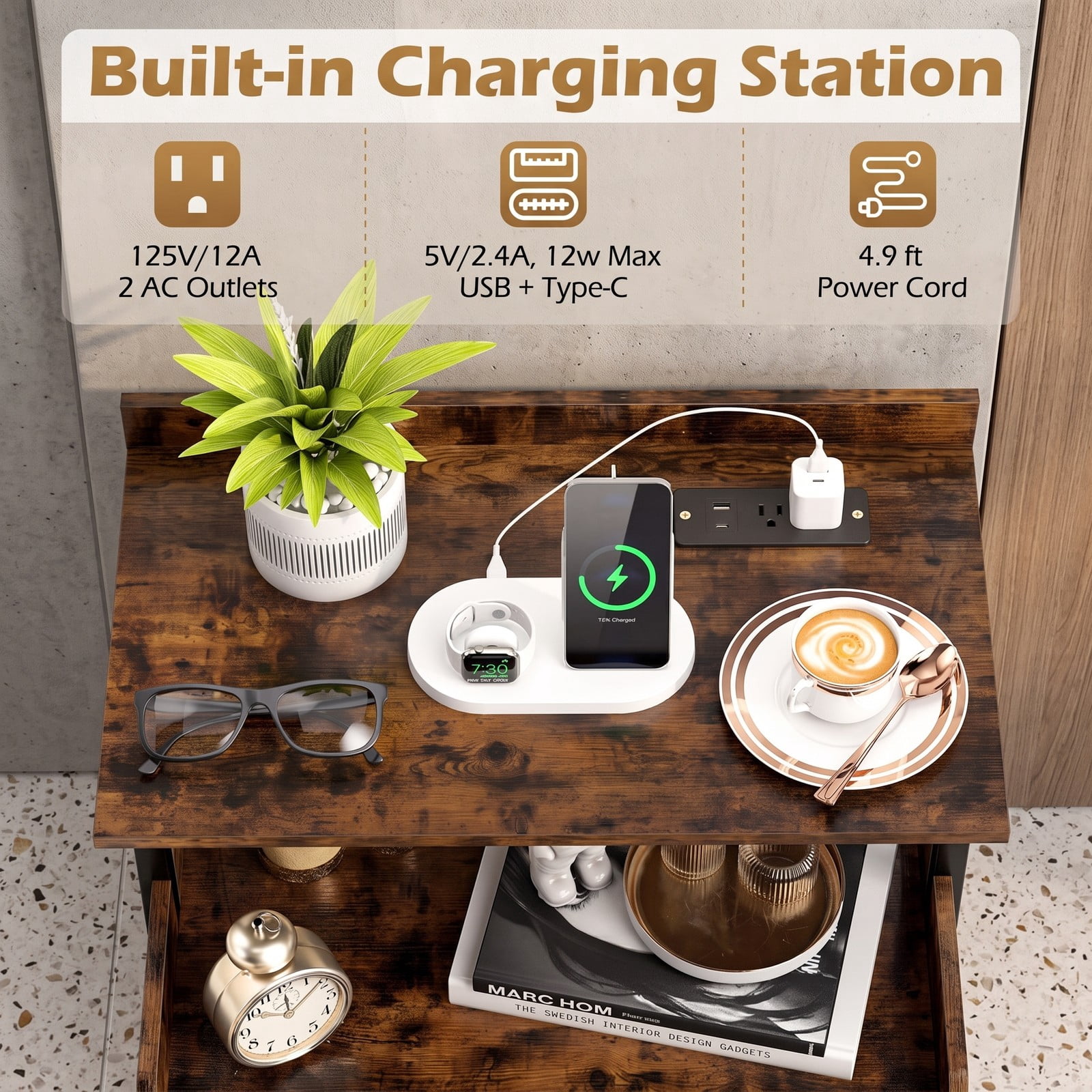 Furnibear Wall-mounted Nightstand with LED Lights and Charging Station, Floating Bedside Table with Open Shelves and Storage Drawer, Rustic Brown