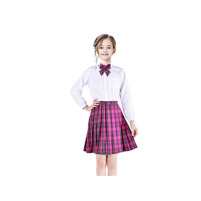 3 Pcs Uniforme Scolaire Filles Chemise Blanche Jupe Tartan Rose 6 Ans