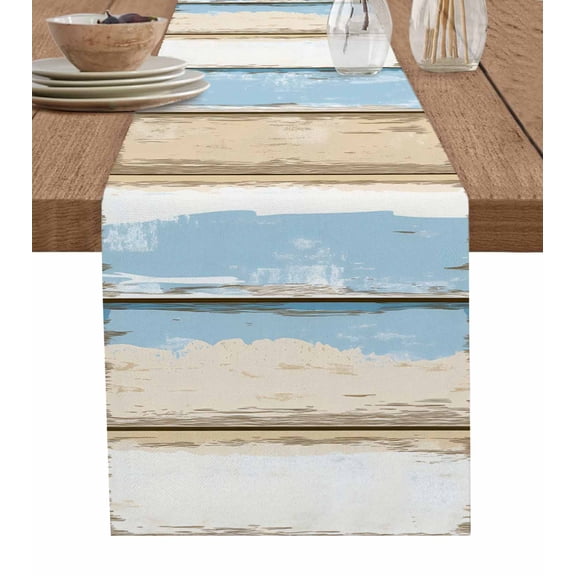 Vintage Geometric Blue Table Runner 72 Inches, Abstract Country Shabby Wood Grain Bed Runner Dresser Scarves Tabletop for Indoor Outdoor Parties/Ceremony/Banquet, 14" x 72"