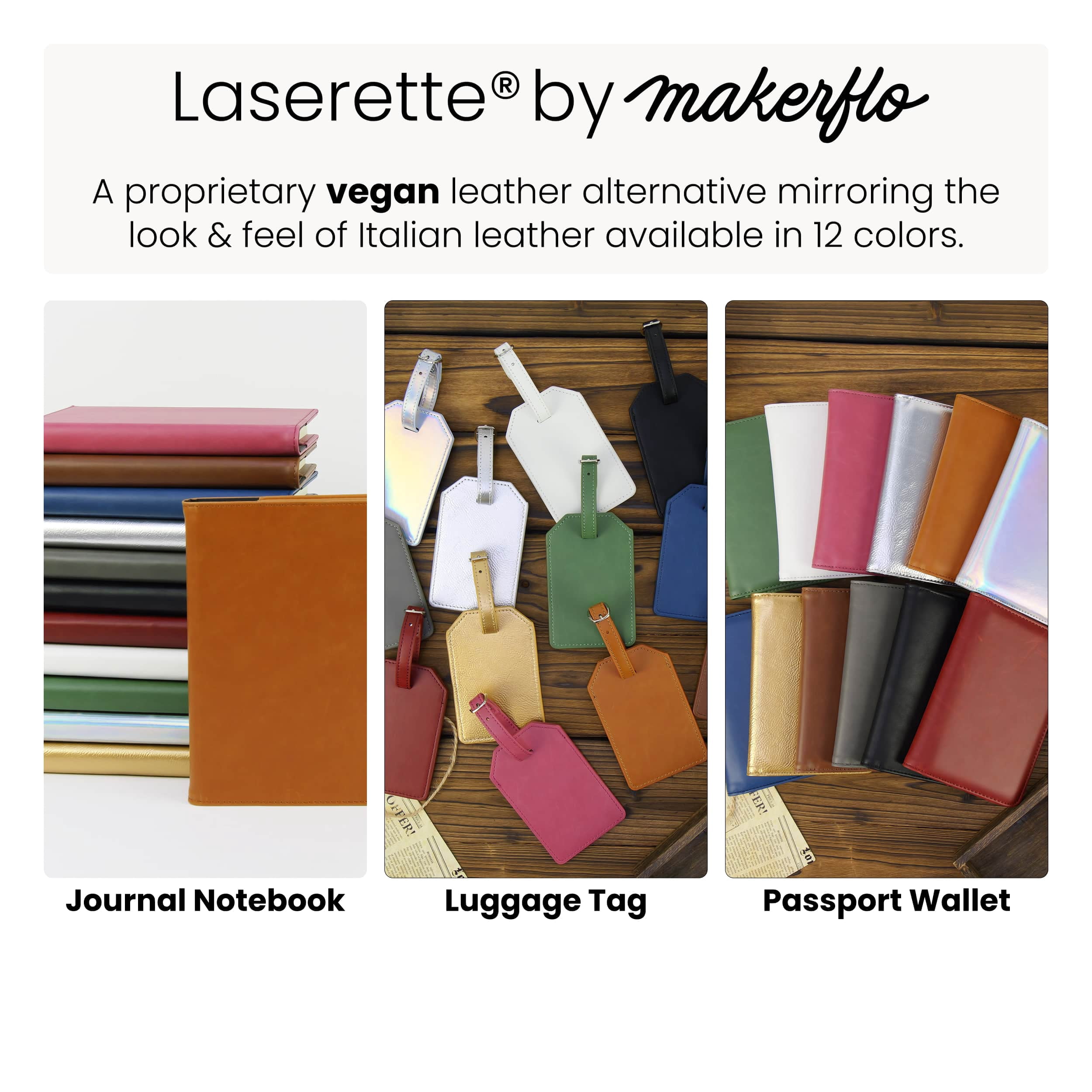 MakerFlo Laserette Journal Notebook Sample Pack, Engravable Vegan Leather Journals with Lined Pages and Gift Boxes, 8.75 in x 5.5 in, 12 Pack