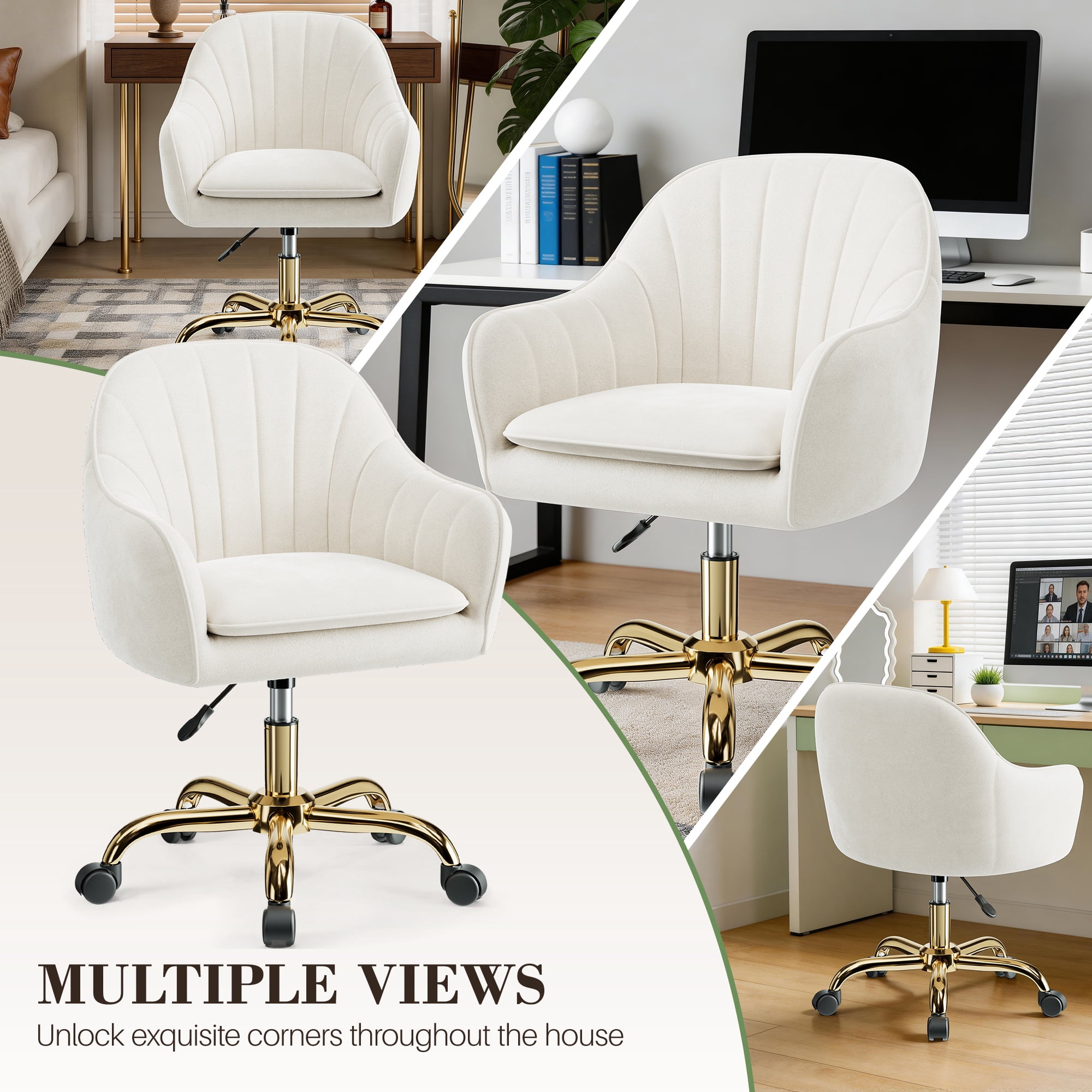 COOLHUT Office Desk Chair with Padded, Velvet Vanity Chair with Back and Wheels, Comfy Home Office Chiar with Gold Legs, Height Adjustable, Rolling Chair for Vanity Room, Makeup Room, Bedroom, Beige