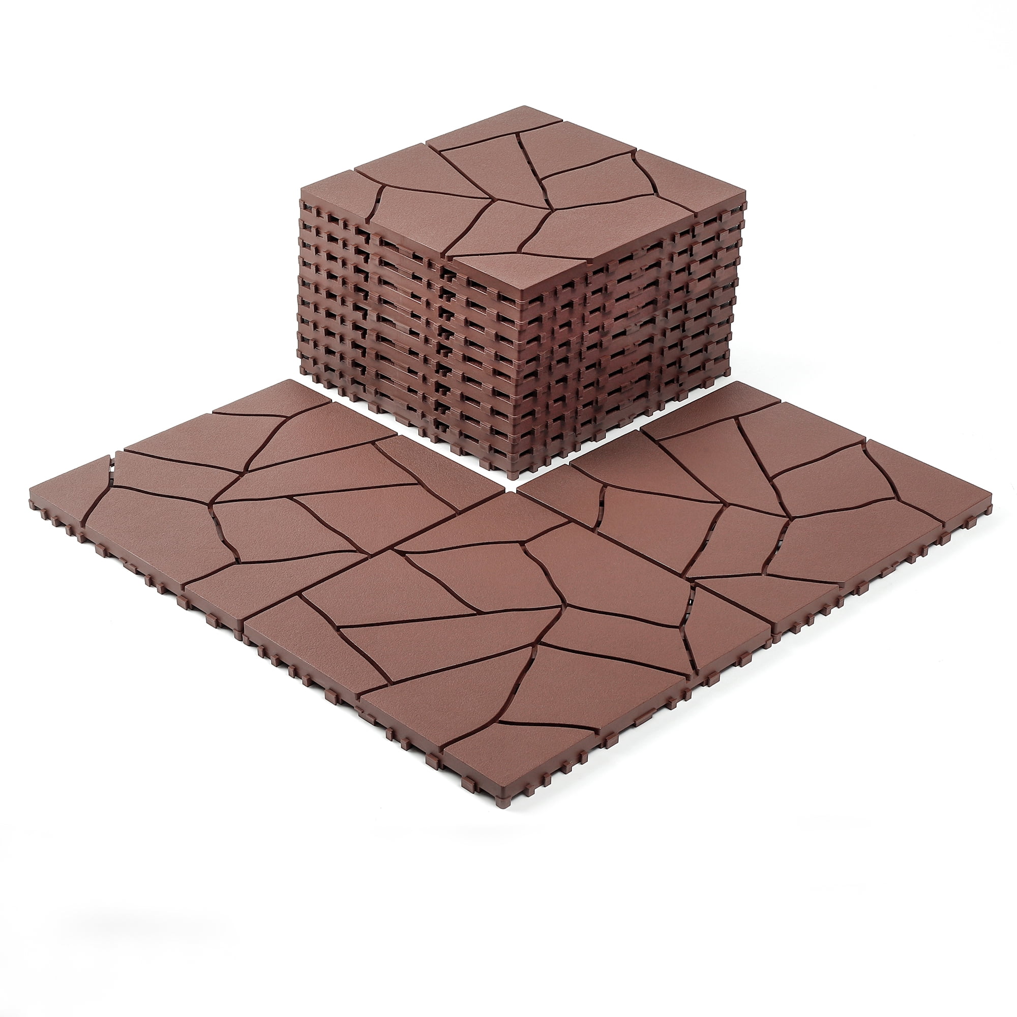 Stone Style 12" Patio Deck Tiles 44pcs Brown DIY Module Interlocking Floor Tiles PP Indoor Outdoor Quick Installation for Porch Poolside Balcony Backyard
