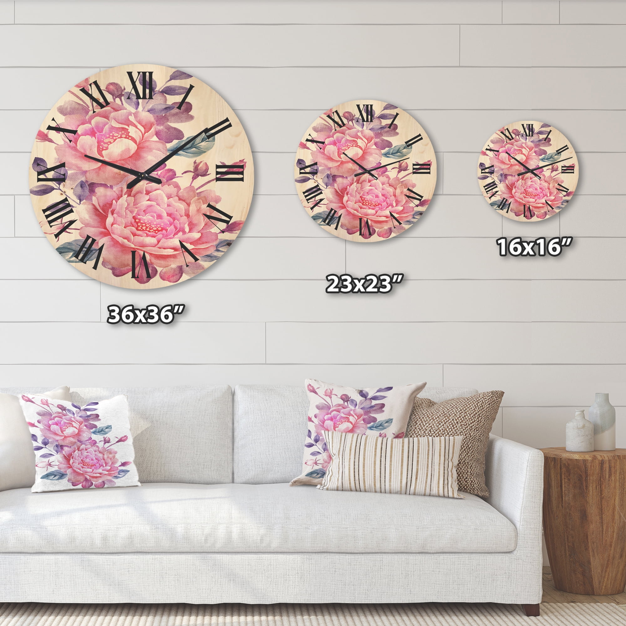 Designart 'Pink Retro Flowers With Blue Leaves On White' Traditional Wood Wall Clock