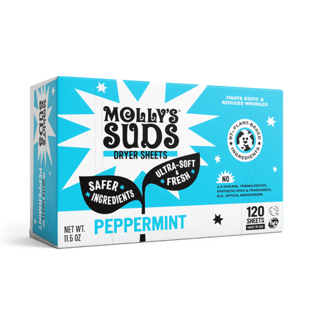 Molly's Suds Fabric Softener Dryer Sheets for Sensitive Skin | Plant-Based Static Reducer, Plastic-Free Packaging | Peppermint (120 Sheets)