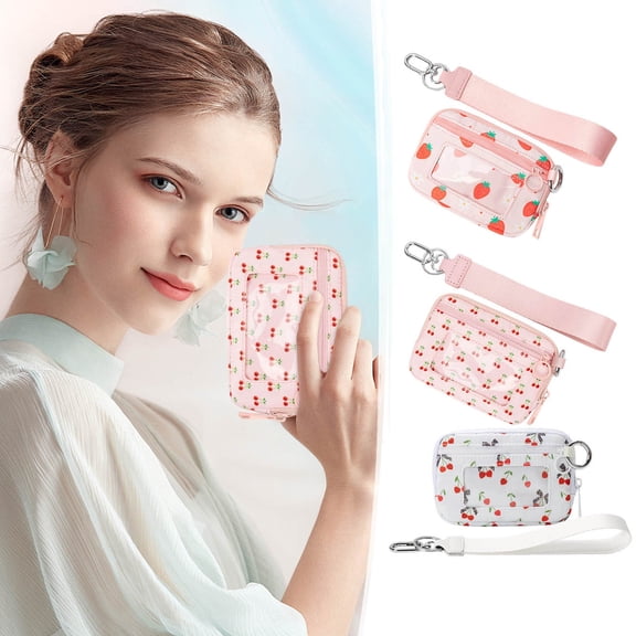 JVBTVB Women's Waterproof Wristlet Pouch with Clear ID Window Small Wristlet Wallet for Teens Girls Strawberry Cherry Print Travel Essential Card Holder