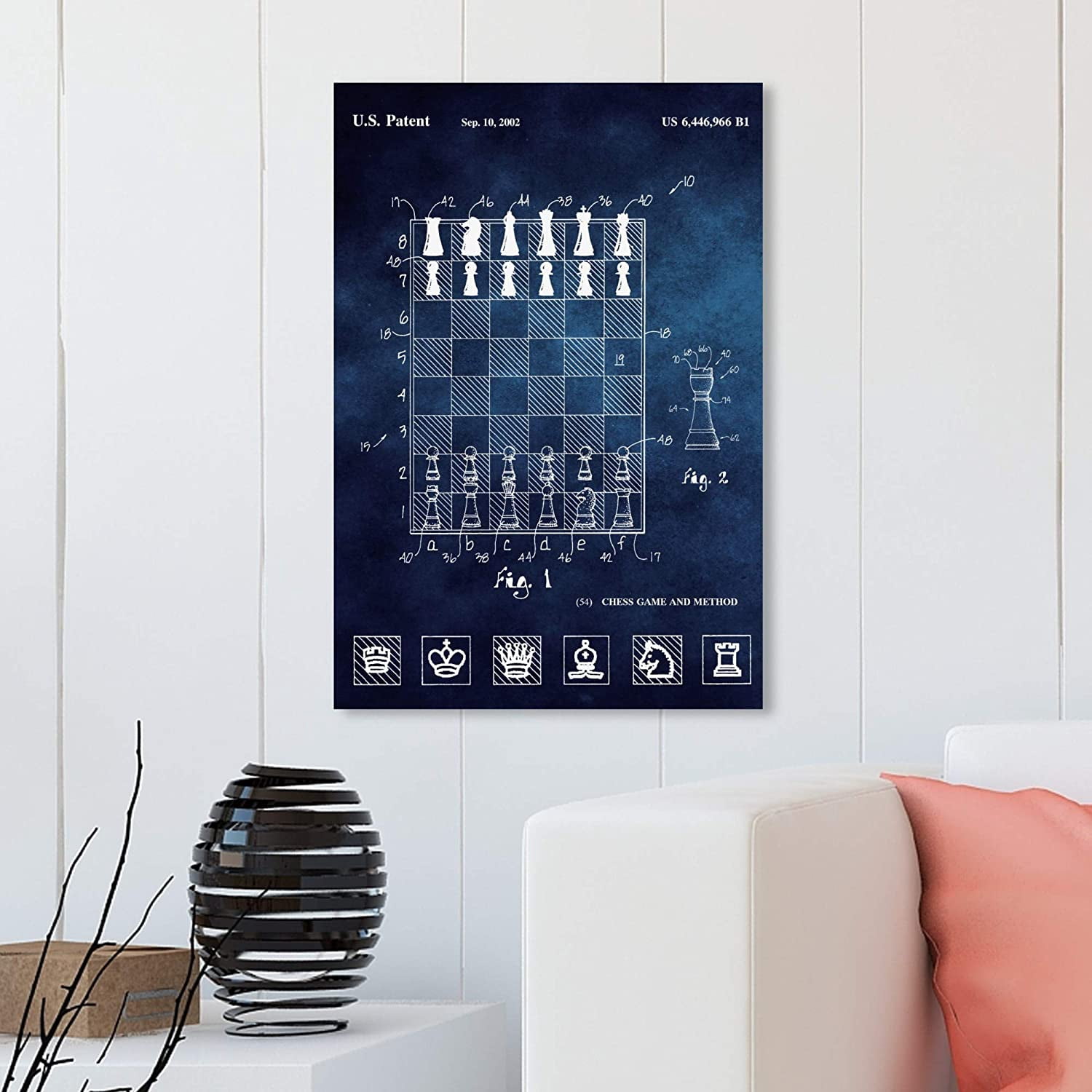 Wynwood Studio 'Chess Game and Method 2000 Blue Chalkboard' Entertainment and Hobbies Wall Art Canvas Print - Blue, White, 20" x 30"