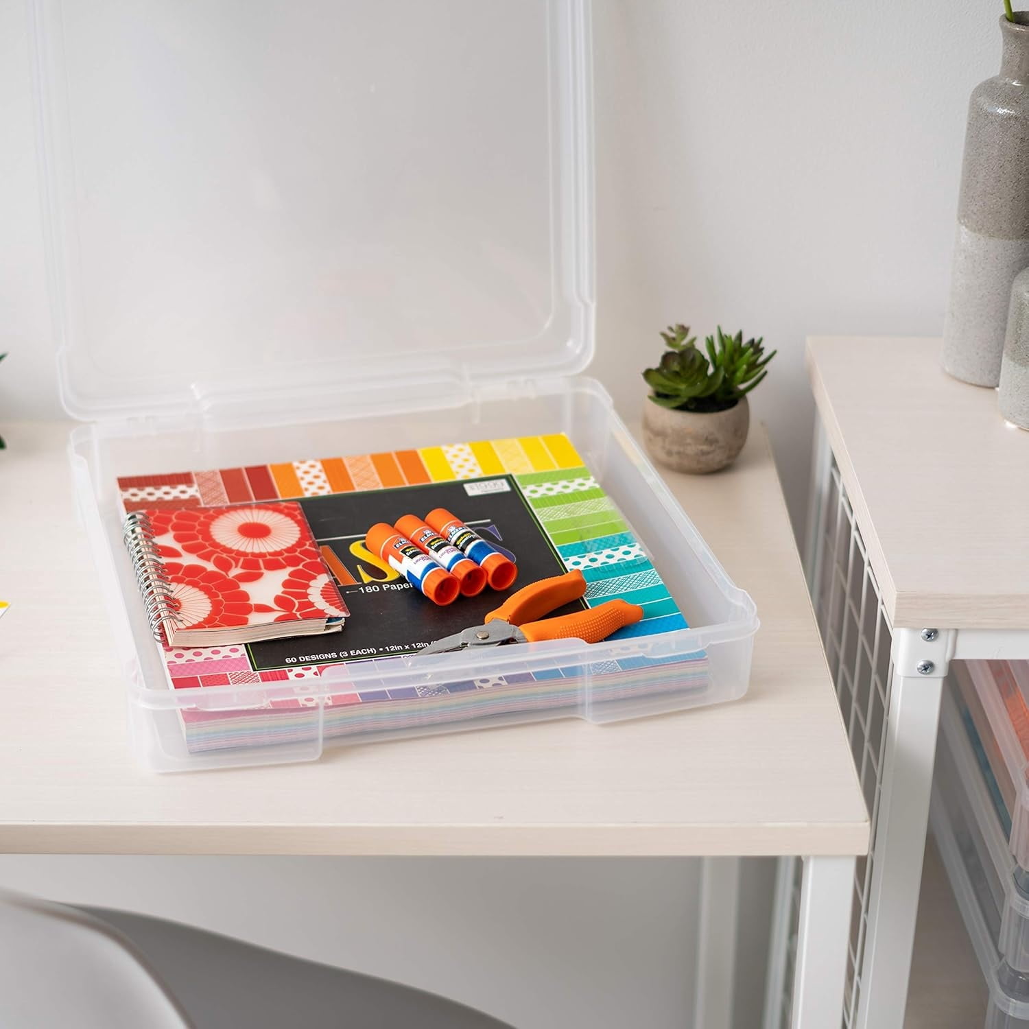 Fits 12" x 12" Paper, 6-Tier Scrapbook Rolling Storage Cart with Organizer for Stationery Vinyl Tools Office Art and Craft Supplies, Yarn, 6 Clear Cases w/Built in Handle - White/Clear