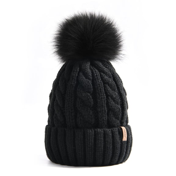 FURTALK Winter Beanie Knit Hat for Women Warm Fleece Lined with Faux Fur Pom Poms Womens Thick Ski Hats Knitted Skull Cap