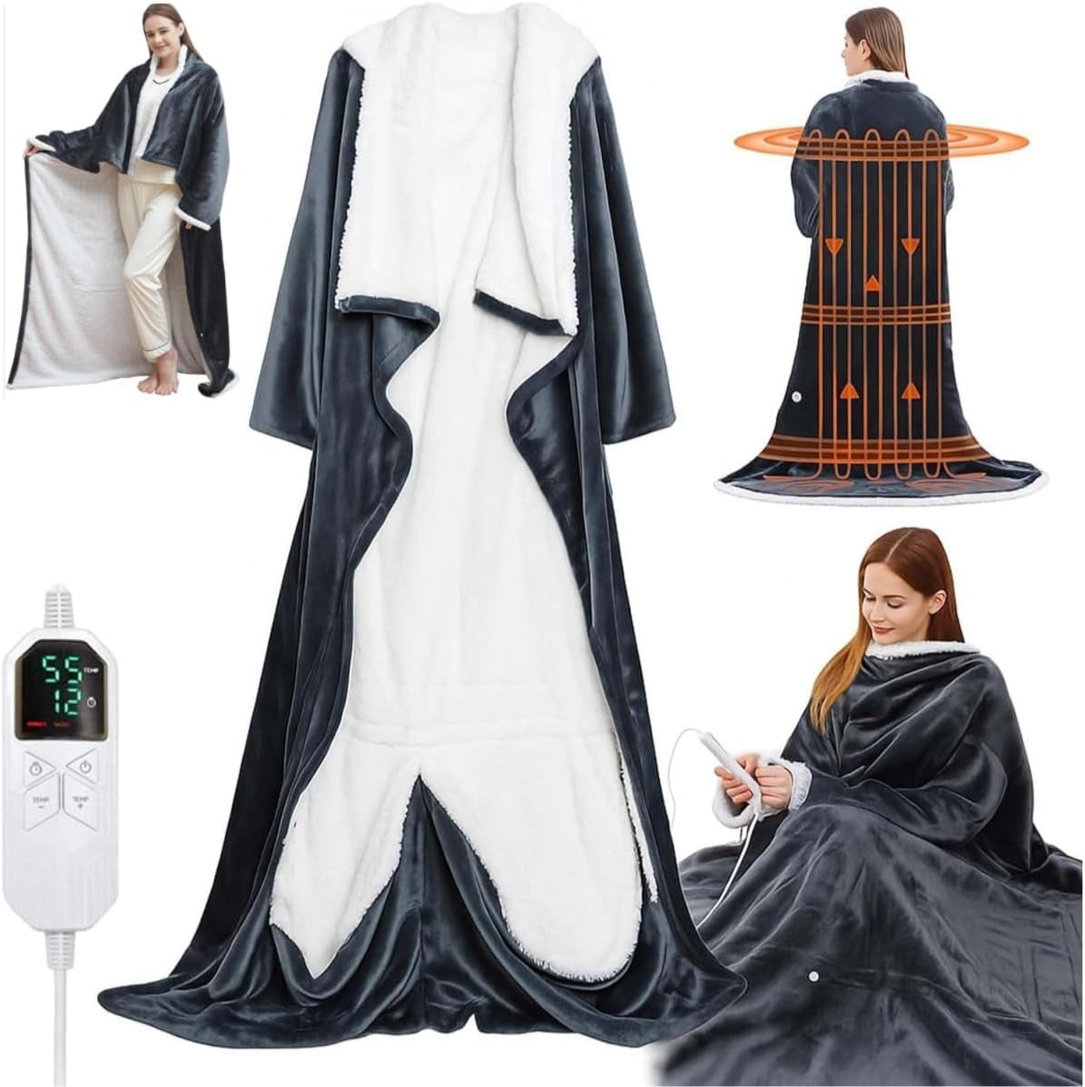 Heated Wearable Blanket with Sleeves & Foot Pocket – Electric Sherpa Blanket 50 * 70", 8 Heat Levels & 6 Timer Settings (1–12 Hours), Cozy Flannel Heated Throw Blanket for Home, Sofa & Bed Use,Grey