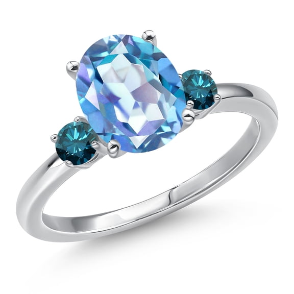 Gem Stone King 14K White Gold Millennium Blue Mystic Quartz and Blue Diamond Engagement Ring for Women | 3.20 Cttw | Oval 10X8MM | Gemstone Birthstone | Size 5
