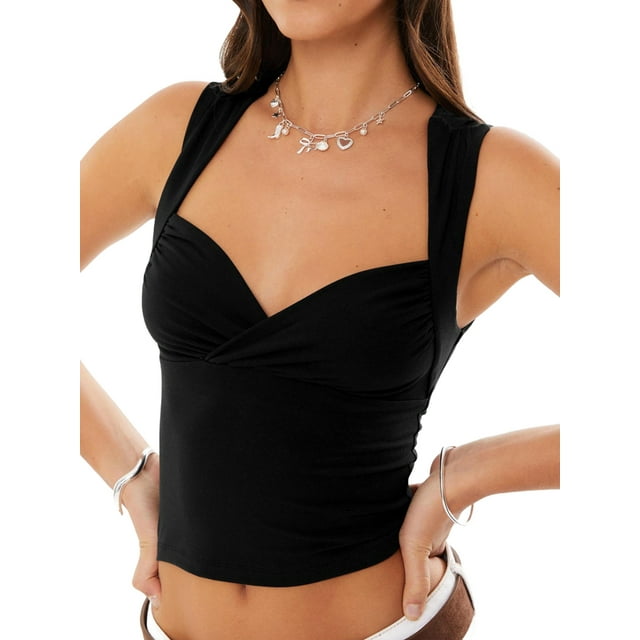 Women Sleeveless Backless Going Out Crop Top Y2K Strappy Ruched Tank Top Summer Tight Slim Fit Cute Black M
