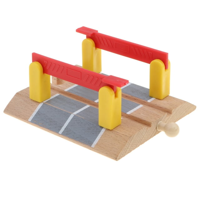 Traversées de Voies Ferrées en Bois par Siruishop Mettant en Vedette un Traversoir de Rue avec des Barres de Passage Rouge Vif et des supports Jaunes sur une base en Bois. l'Accessoire Est compatible avec la Plupart des Marques Ferroviaires et Conçu pour Améliorer la Créativité et la coordination chez les Enfants. les Dimensions Incluent une Largeur de 10,3 cm et une Hauteur de 3,8 cm pour la Barre de Passage. Convient à la Construction de Réseaux Ferroviaires Personnalisés.