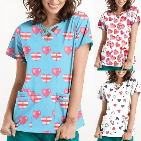 

New Year New You! Snorda Womens Nursing Scrub Tops Valentine s Day Love Heart Printed Working Uniform Short Sleeve V-Neck Workwear Blouse T-shirt with Pockets