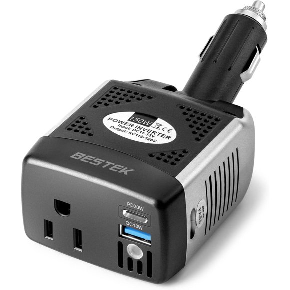 BESTEK 150W Power Inverter 12V to 110V Voltage Converter PD30W QC18W Car Charger Power Adapter with Charging Ports