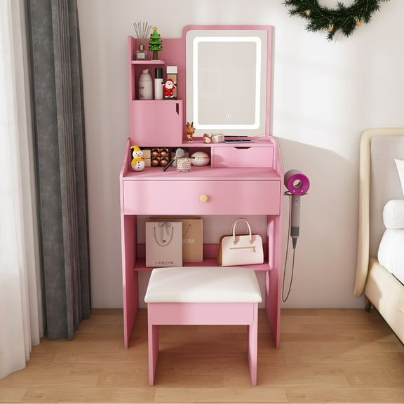 Cute Pink Vanity Table for Bedroom - 3-Color LED Mirror   Stool, 2 Drawers & 5 Storage Cabinets (4 Open   1 Hidden)