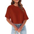 thumbnail image 2 of Wyobmus Women Oversized Crop Workout Tops Casual Short Sleeve Pullover Summer Casual Loose Fit Crew Neck Basic Tee Shirts S-2X A-Burgundy, 2 of 7
