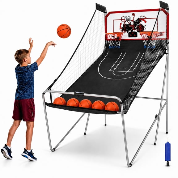 Electronic Basketball Arcade 2 Player, SHINPT Foldable Indoor Game for Kids Adults, Dual Shot Basketball Arcade Game with 8 Modes, Electronic Scoreboard, Hoop, 6 Balls & Air Pump Included