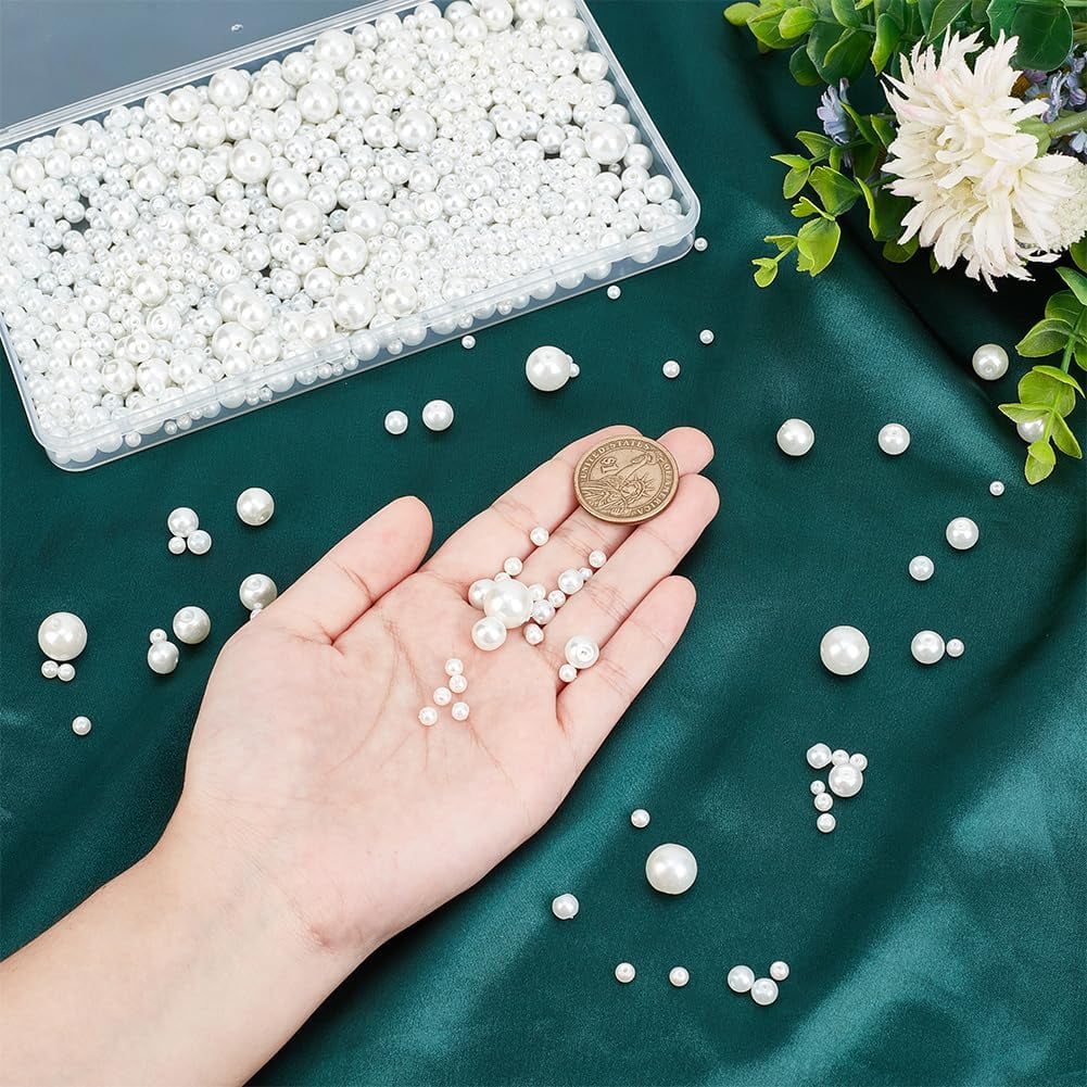 1320pcs Pearl Beads 6 Sizes White Glass Pearl with Hole Round Loose Pearl Beads for DIY Necklace Earring Jewelry Making Christmas Decoration Vase Filler 3/4/6/8/10/12mm