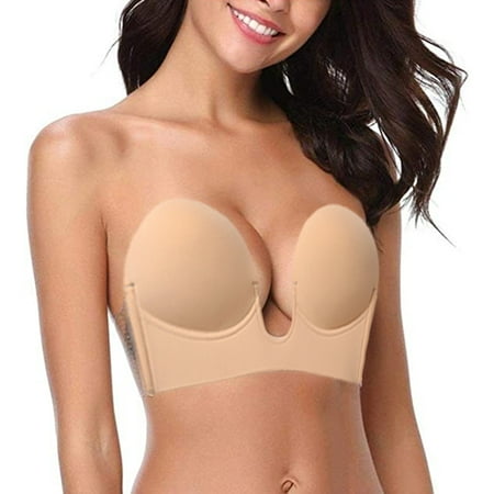 Push Up Strapless Sticky Adhesive Invisible Backless Bras Plunge Reusable Magic Bra for Women - Skin Colour-B