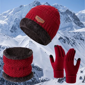 Fleece Lined Beanie Hat Touchscreen Gloves Long Scarf 3Pcs Set Winter 3Pcs Windproof Winter Headwear: Beanie, Scarf, Touchscreen  main image 2