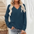 thumbnail image 3 of V-Neck Sweatshirt Women Fleece Pullover with Side Pockets Lightweight Casual Loose Solid Color Long Sleeve Fall Sweatshirt No Hood Navy S, 3 of 6