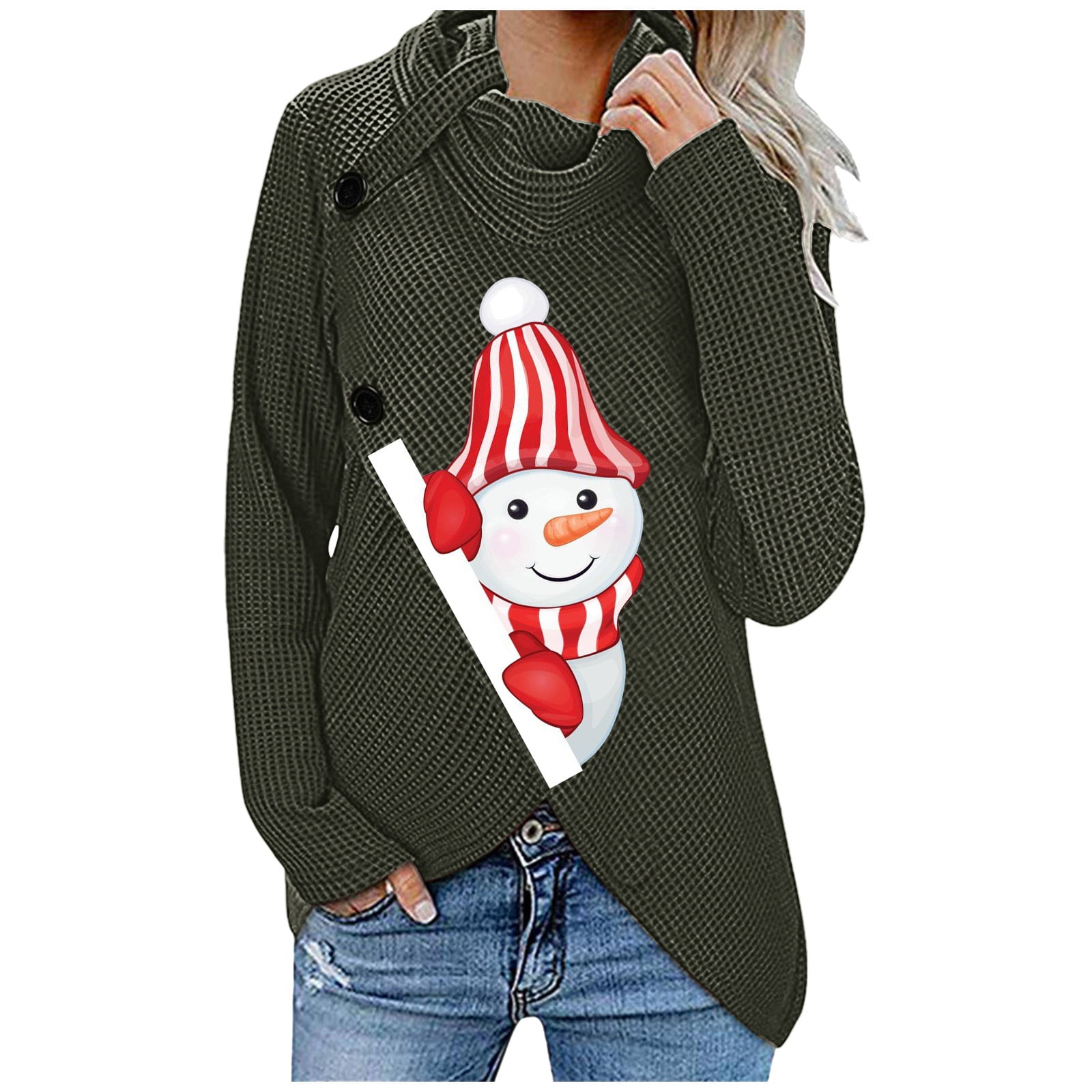 Christmas Tunics for Women to Wear with Leggings Cute Snowman Printed Crewneck Long Sleeve Fall Tops with Pockets 