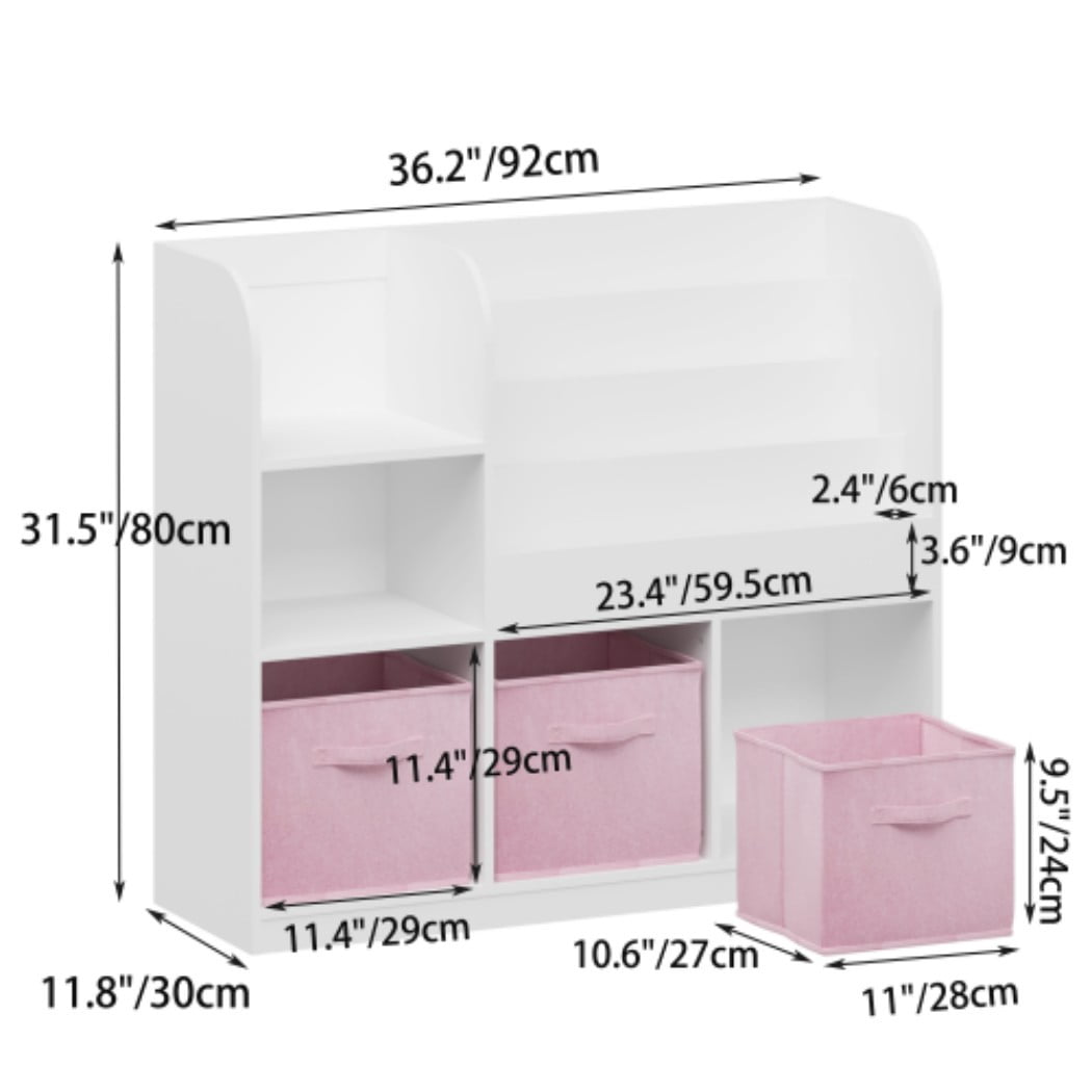 Kids Bookcase and Bookshelf, Multifunctional Children's Bookcase with 3 Collapsible Fabric Drawers, Book Display Stand & Toy Storage Organizer for Bedroom, Playroom & Hallway, White/Pink