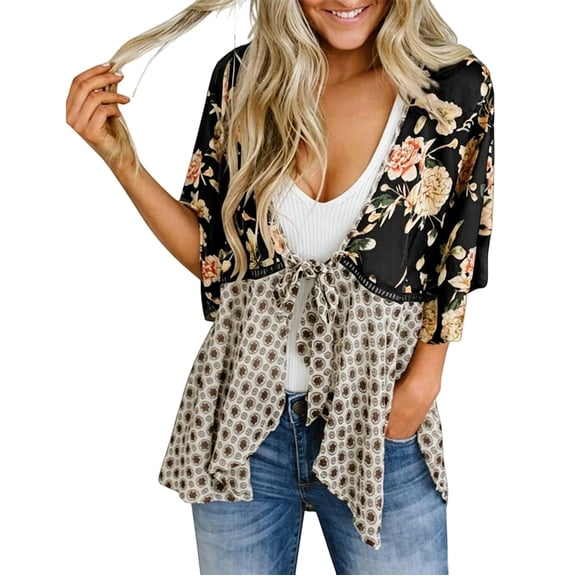 LEKODE Women's 3/4 Sleeve Floral Kimono Cardigan Tie Front Open Front Lightweight Vacation Shrug Black 2XL
