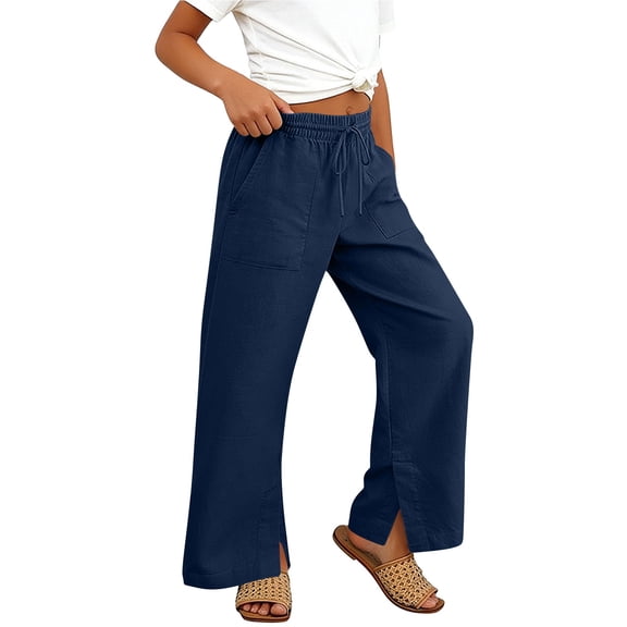ITSAME Girls Pants, High Waist Cotton Linen Drawstring Kids Fashion Casual Wide Leg Pants Navy 8-9T