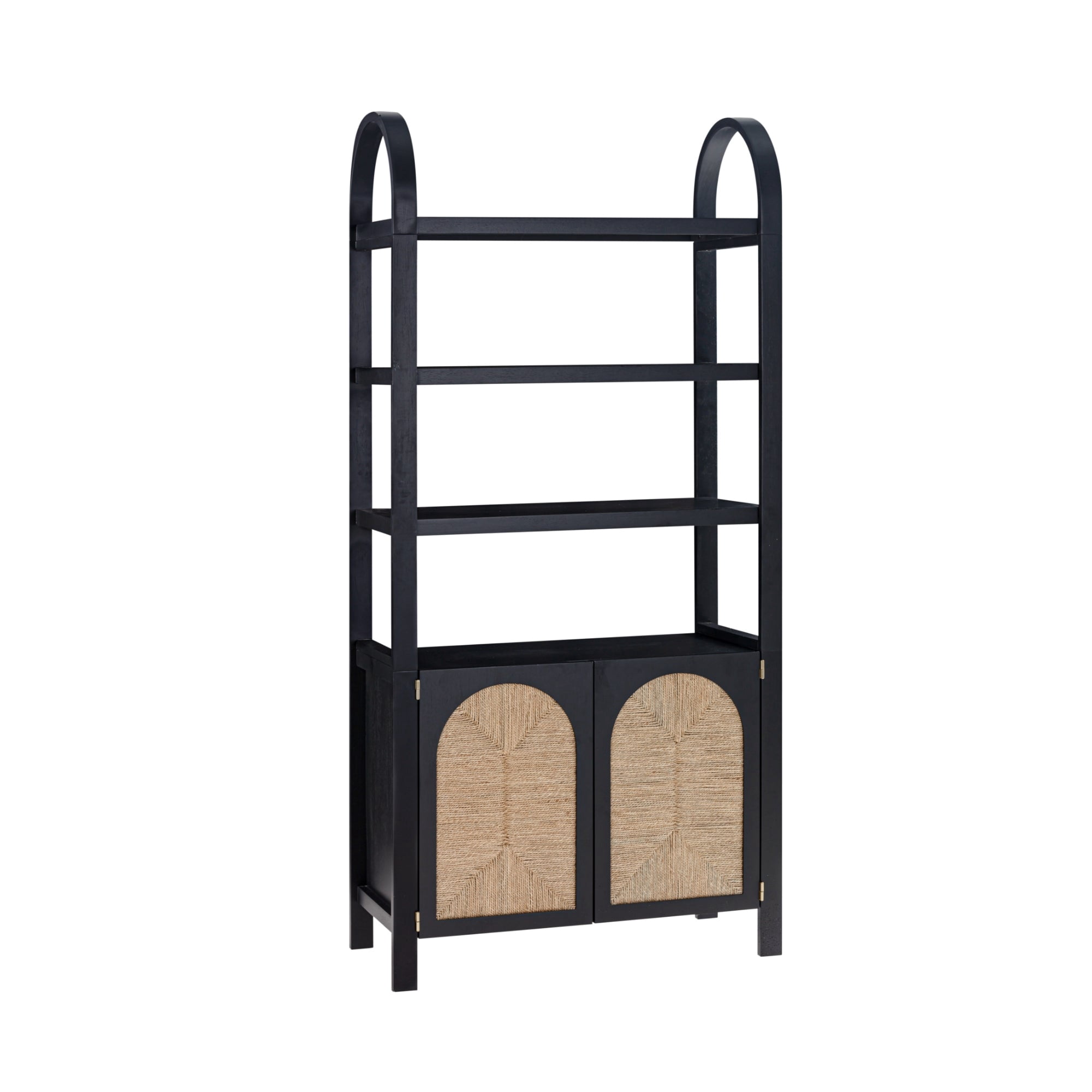 Nathan James Leah Bohemian Arched Bookcase, 3-Tier Bookshelf with Storage Cabinet Base, Seagrass Door Fronts and Solid Wood Frame, Black/Seagrass