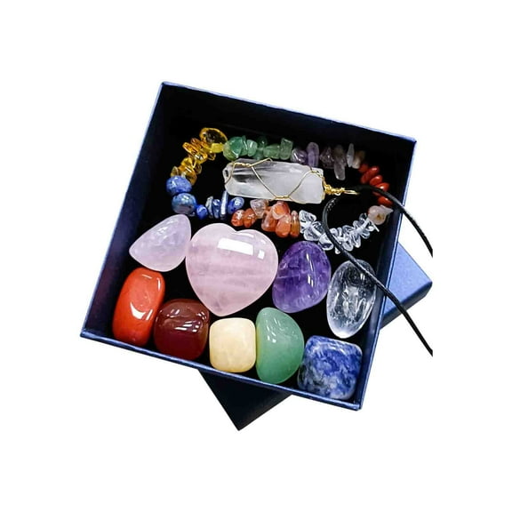 Wovilon Crystal Jade Chakra Combination Set Pinks Crystal Love Hexagon Pillar Pendant Colorful Stone Gift Box