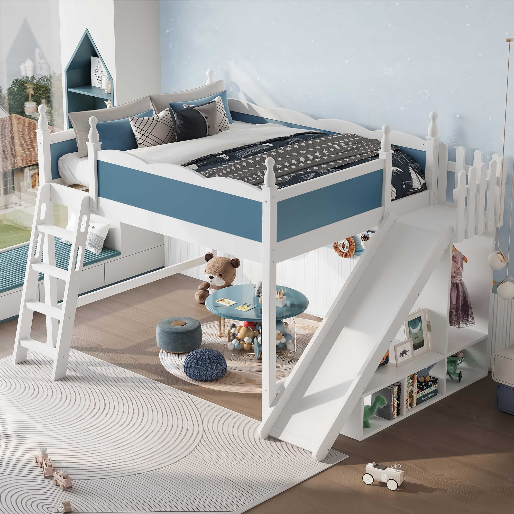 Leumius Queen Loft Bed Frame with Storage Shelves and Wardrobe, Solid Wood Loft Bed with Detachable Slide and Ladders for Kids Teens Adults Blue and White