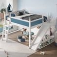 thumbnail image 2 of Leumius Queen Loft Bed Frame with Storage Shelves and Wardrobe, Solid Wood Loft Bed with Detachable Slide and Ladders for Kids Teens Adults Blue and White, 2 of 9