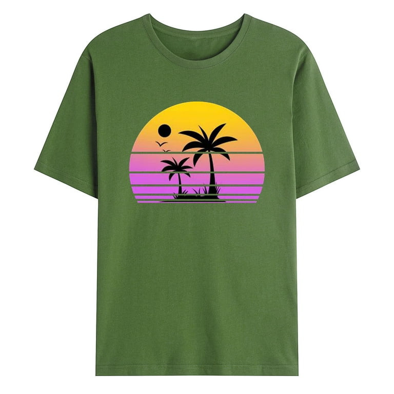 ZCFZJW Beach Holiday T-Shirts for Men Big and Tall Regular Fit Casual Short  Sleeve Round Neck Tropical Palm Tree Sunset Graphic Workout Tees Shirt Tops  Army Green XL 