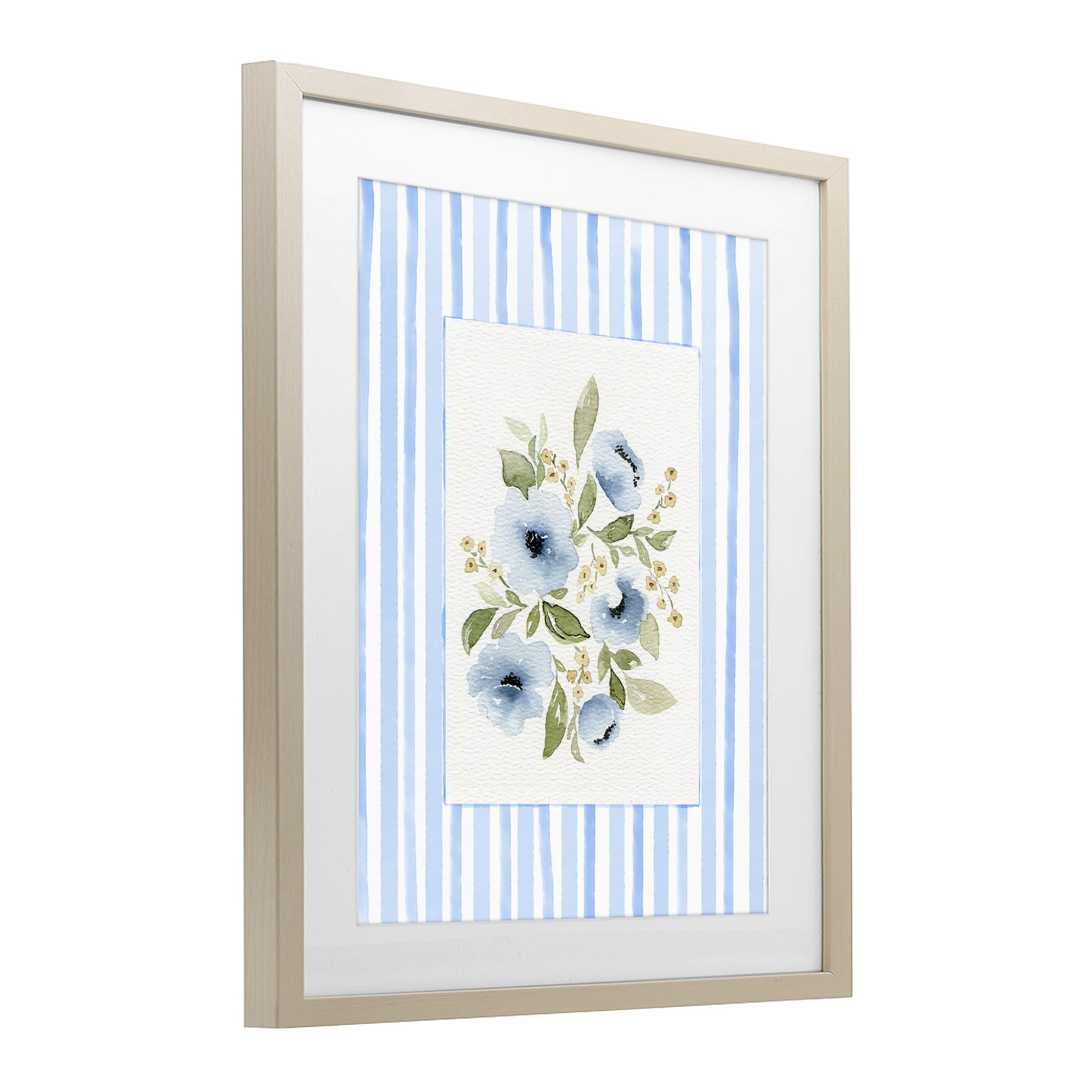 Stupell Industries Flowers with Blue Stripes Birch Framed Print Under Glass, design by Leah Noel Art
