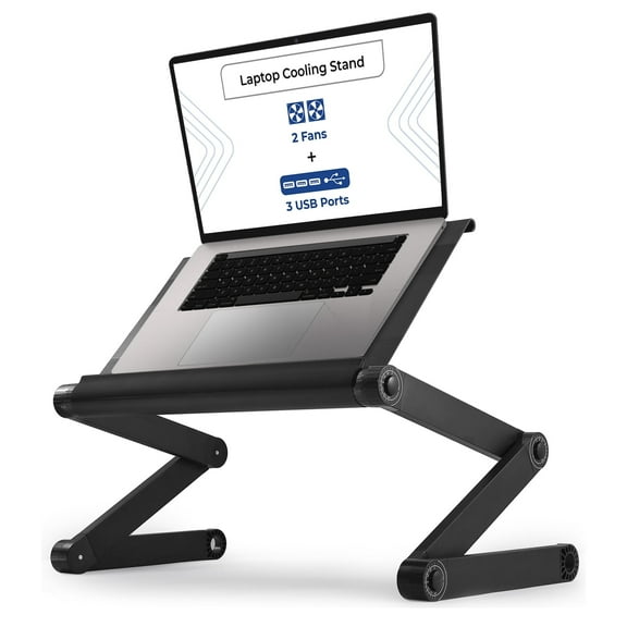Adjustable Laptop Cooling Stand with Dual Fans & USB Ports – WorkEZ Executive Foldable Aluminum Laptop Desk for Bed, Couch & Office, Ergonomic Riser for Laptops up to 17”