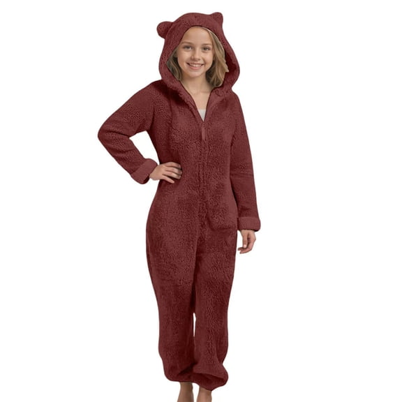 Iaqnaocc Girls Pajamas Jumpsuit Fuzzy Fleece Hooded Rompers Furry Warm Winter Onesie Size 7-8 Loungewear Sherpa Cute Bear Ears Zip Up Sleepwear Wine 11-12Years